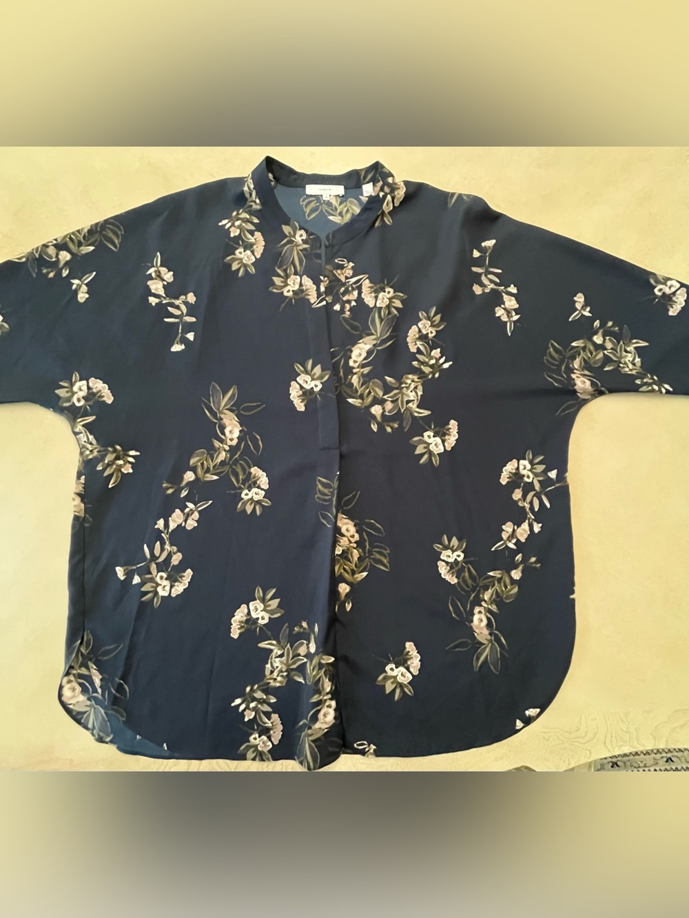 Vince Painted Blooms Navy Floral Mandarin-Collar Blouse Long Sleeve Size XL